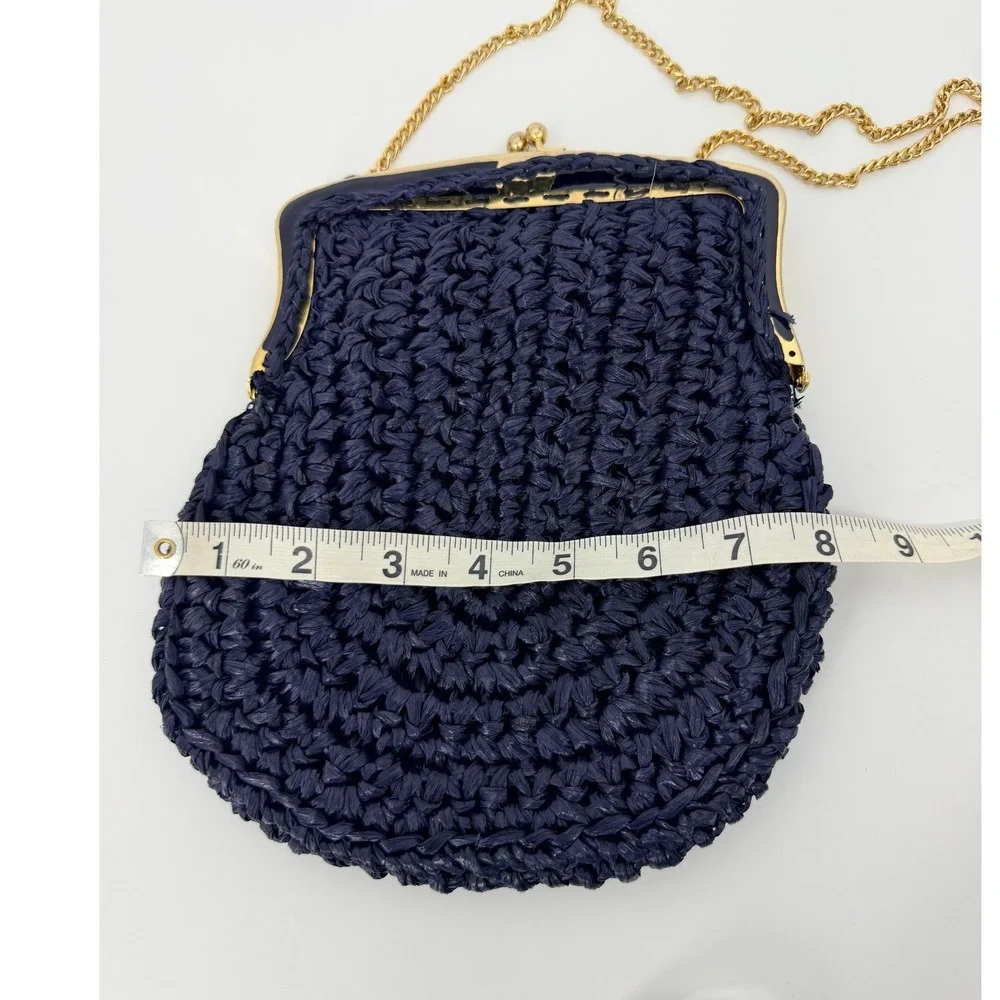 Vintage Walborg Navy Blue Raffia Crochet Kiss Lock Evening Bag Made in Italy